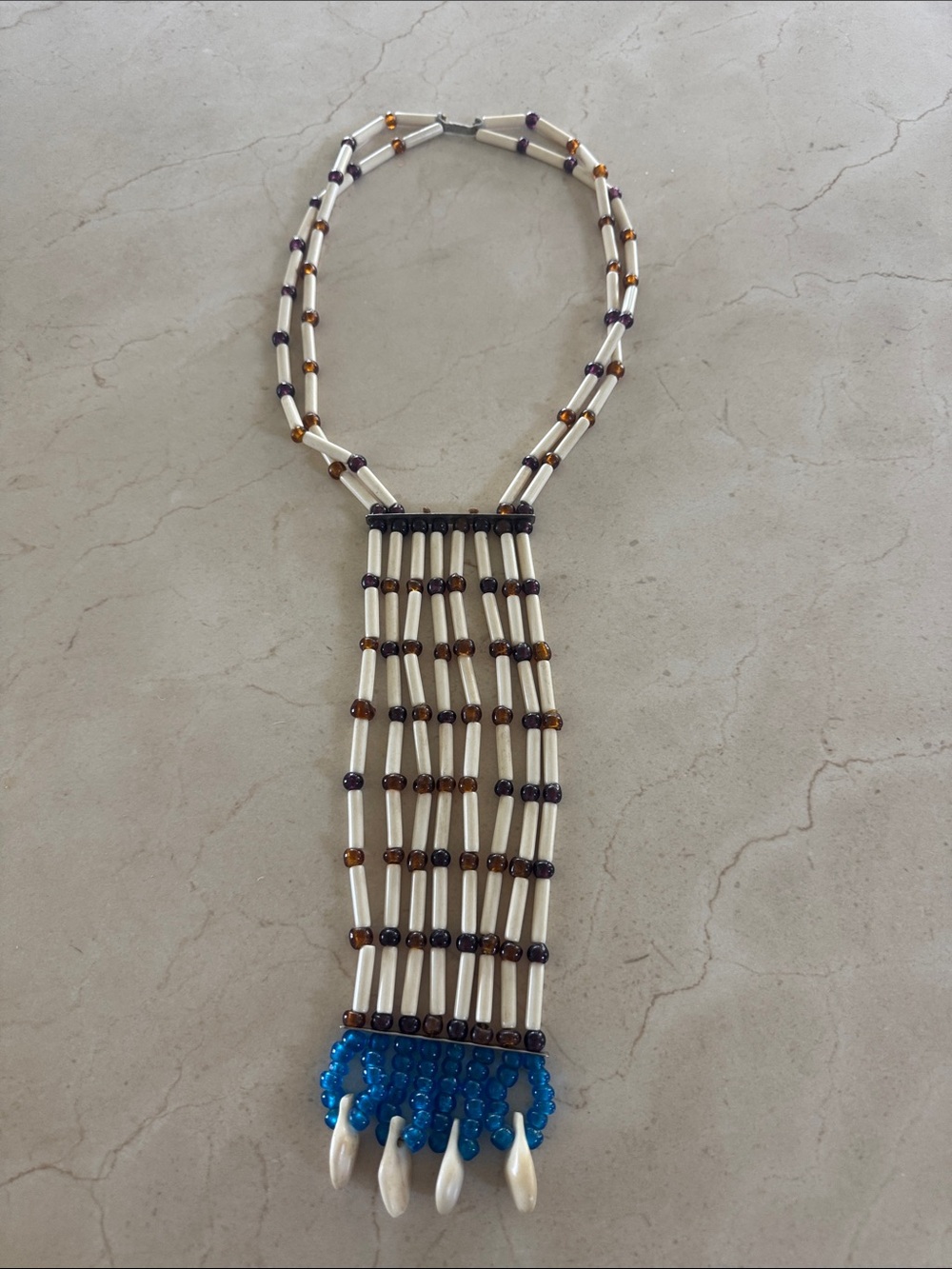 Handcrafted Bead Fringe Necklace in Ivory, Amber & Blue